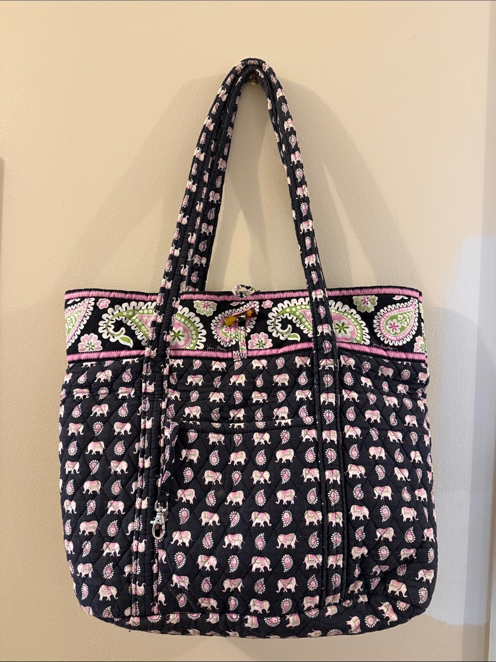 Vera Bradley Black Quilted Tote with Pink Elephant & Paisley Accents